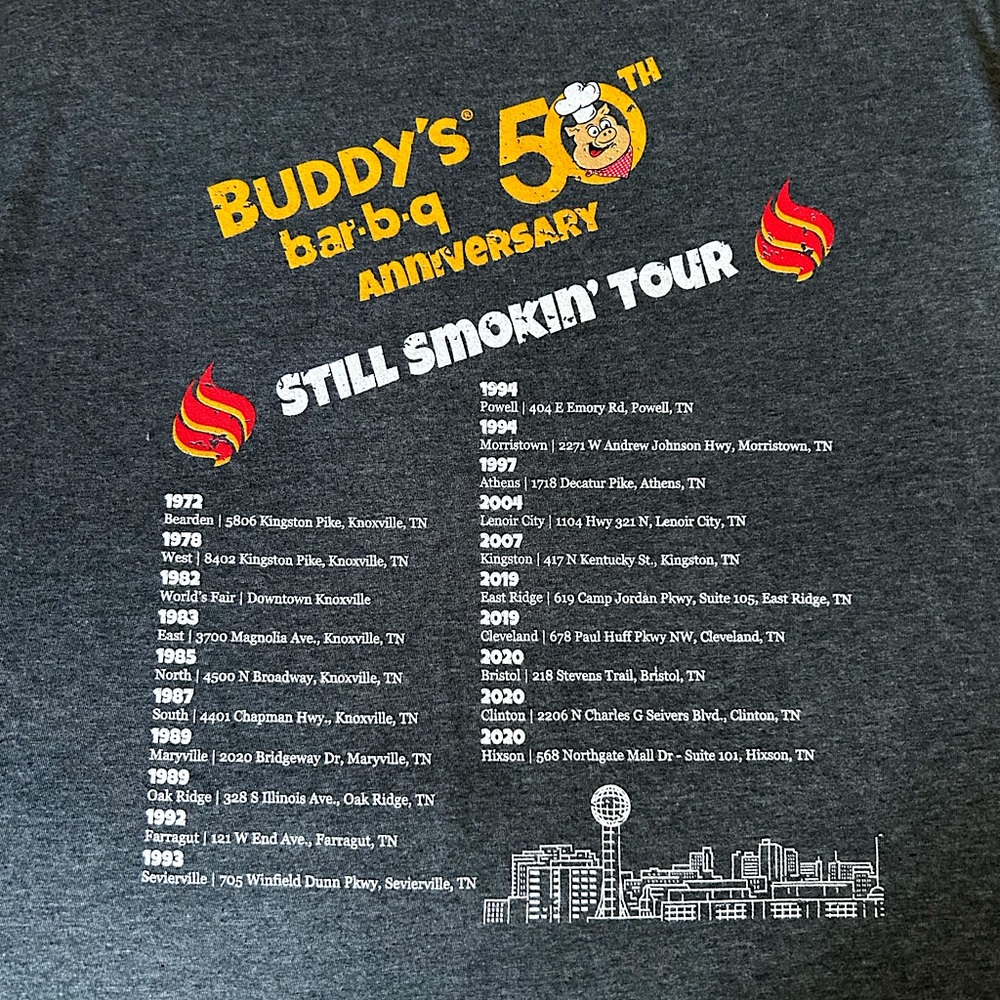 BUDDY BBQ 50th ANNIVERSARY TOUR T-shirt. XL, gray, front and back graphics.